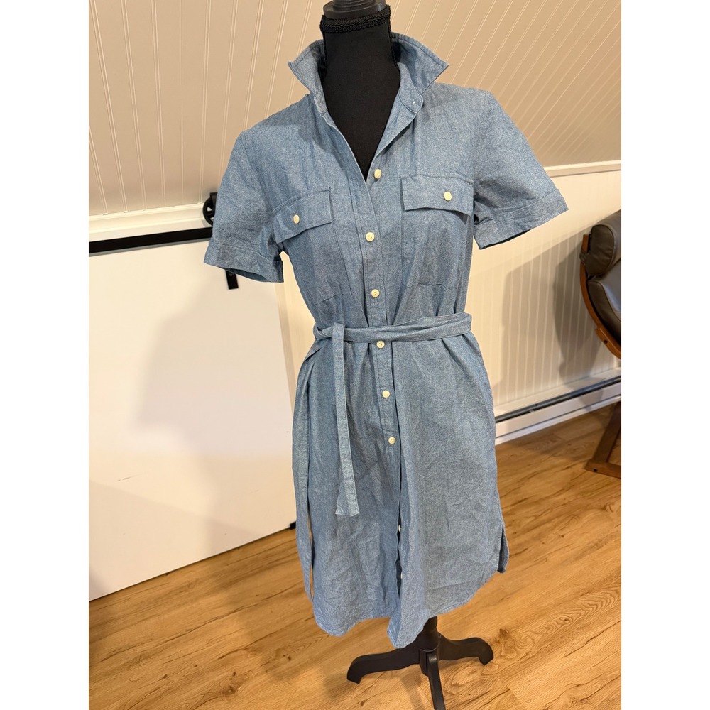 LL Bean Signature Womens Blue Chambray Cotton Short Sleeve Belted Shirt Dress S